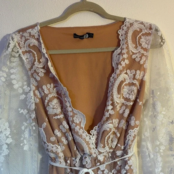 Boohoo White Lace and Tan plunge skater dress size 10 sheer - Picture 4 of 6
